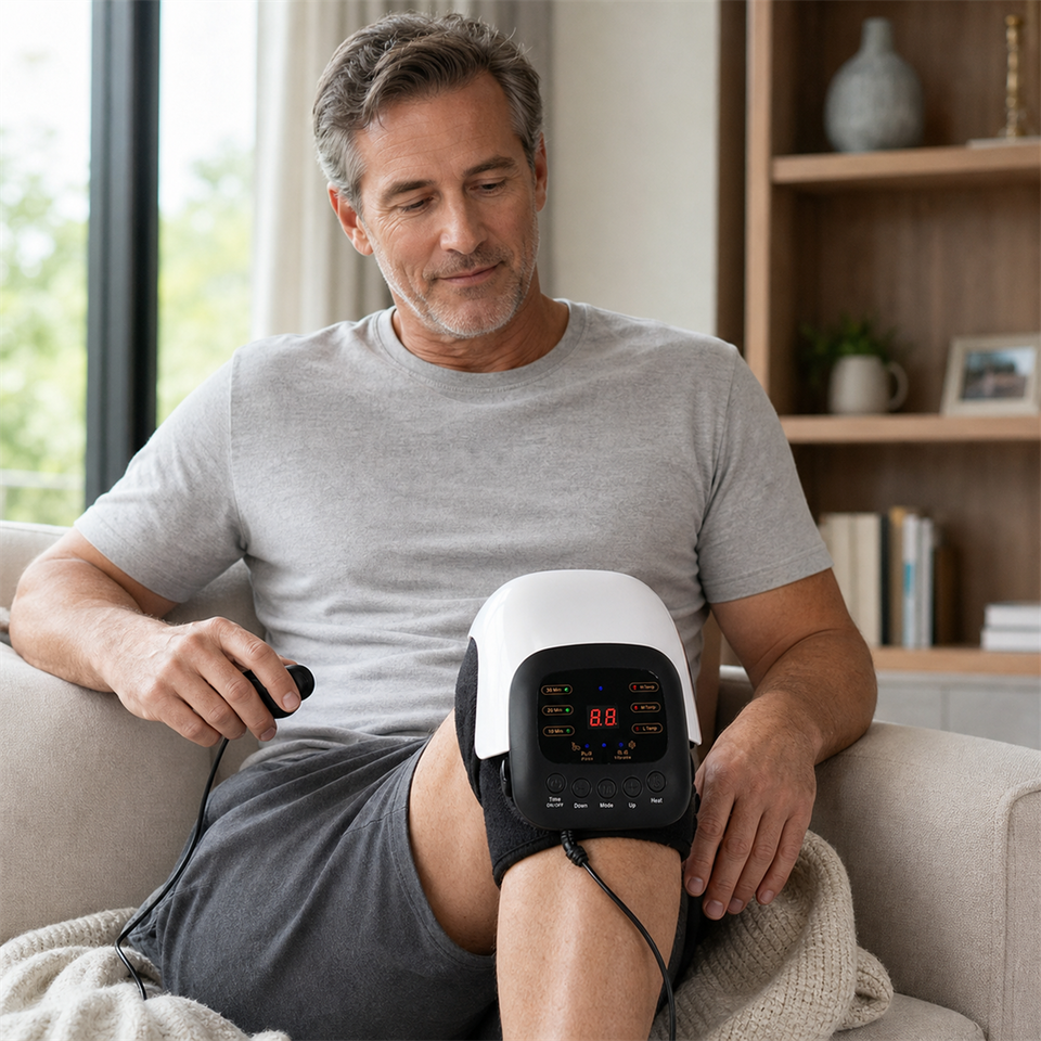 KneeRevive™ Heat & Vibration Knee Massager shown in everyday use
