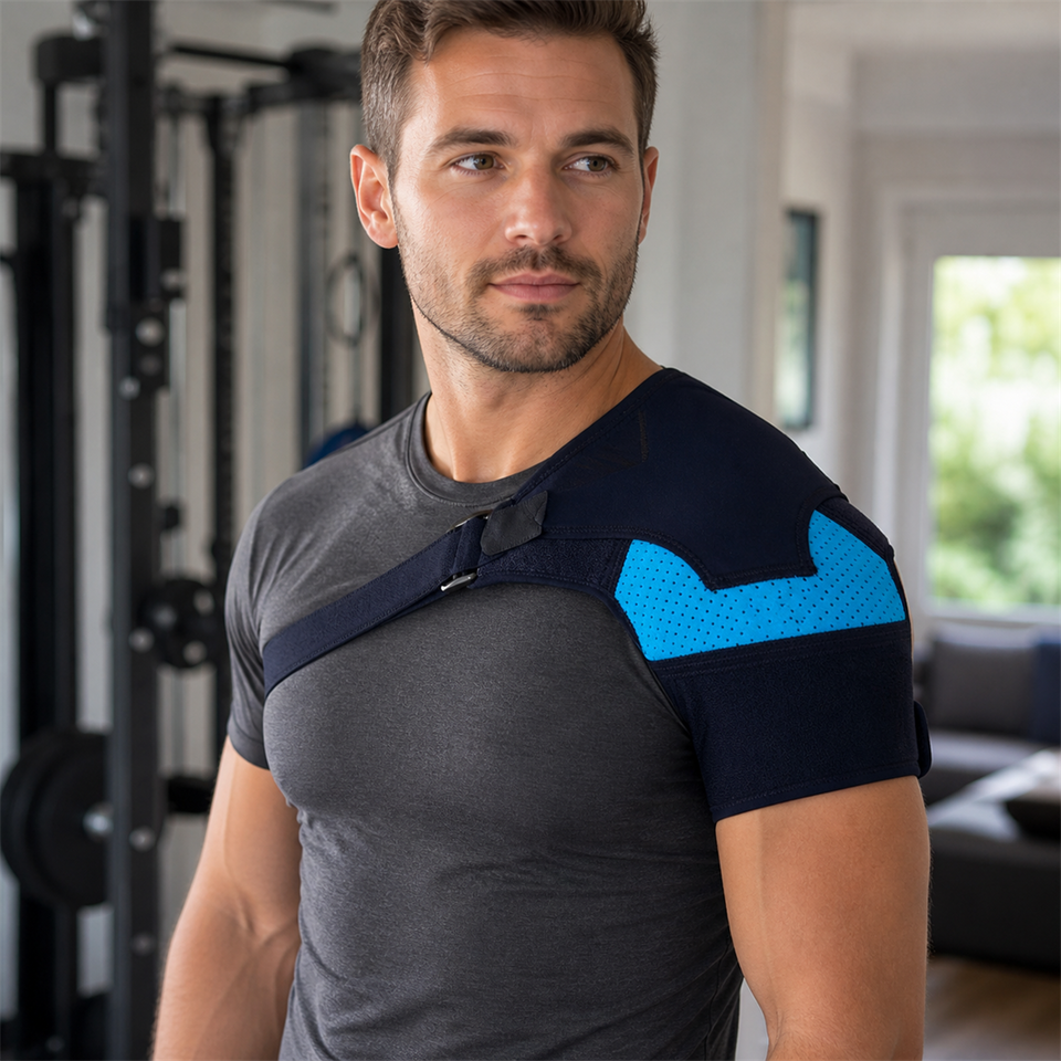 ShoulderGuard™ Support Brace with Ice/Heat Pack shown in everyday use