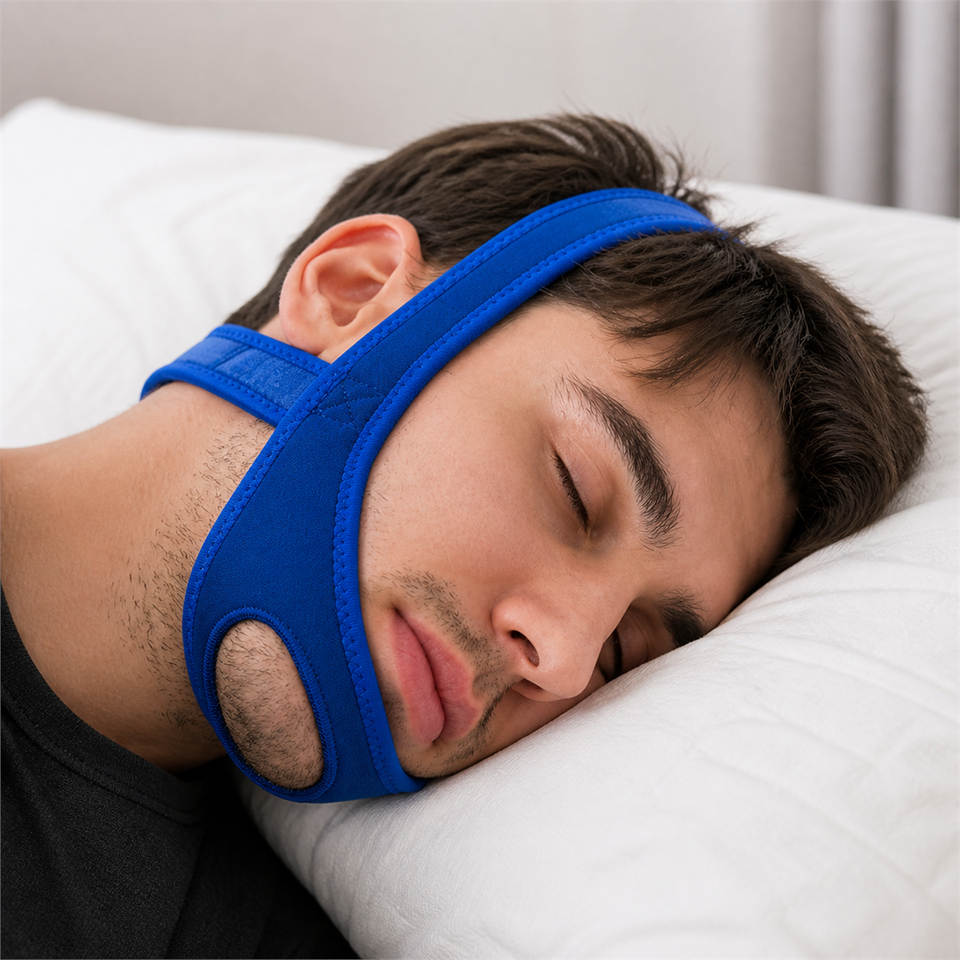 SilentNight™ Snore Support Chin Strap shown in everyday use