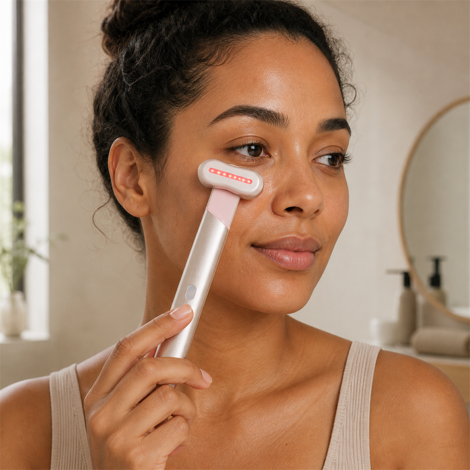 VisionRelief™ Pro Light & Heat Eye Massager shown in everyday use